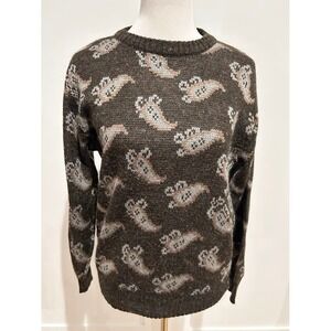 KENNINGTON 1970's Paisley Knit Sweater Dark Brown Long‎ Sleeve Crew Neck Vintage